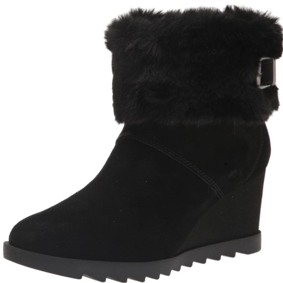 KOOLABURRA ELLADINE BLACK SUEDE FUR WEDGE BOOTS - Picture 2 of 16
